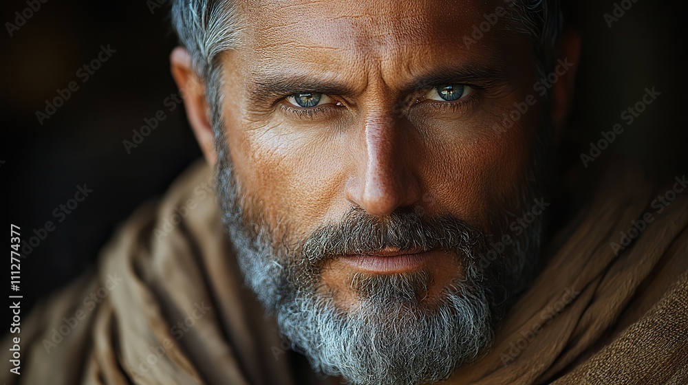 biblical character close up portrait of a serious man with a beard and shawl looking at camera biblical character close up portrait of a serious man with a beard and shawl looking at camera