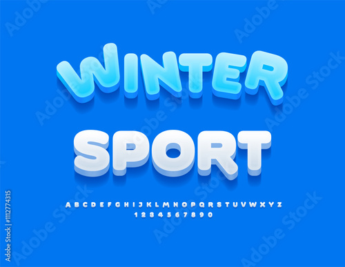 Vector funny logo Winter Sport. Cute White 3D Font. Modern Alphabet Letters and Numbers set.