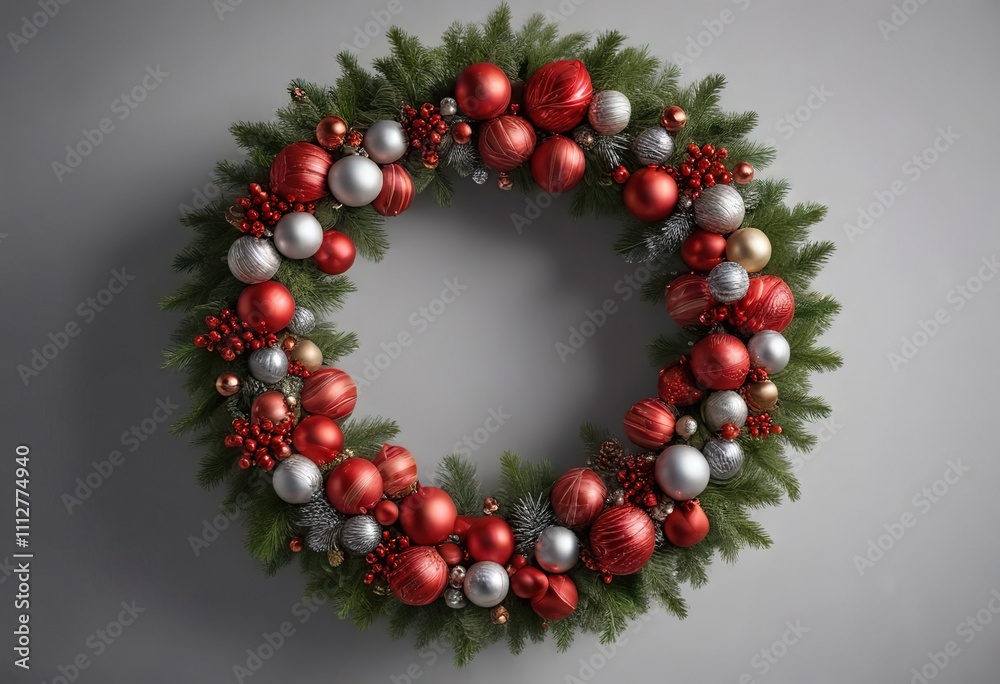 Circular festive arrangement of Christmas balls and decorations in a wreath shape, wreath, Christmas, Christmas decor Circular festive arrangement of Christmas balls and decorations in a wreath shape, wreath, Christmas, Christmas decor