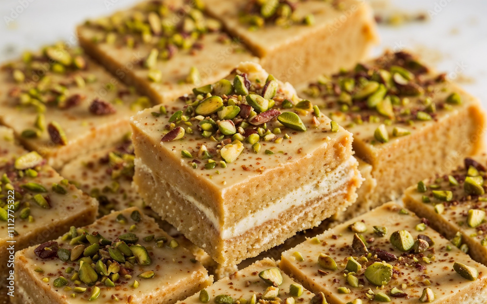 Asian dessert barfi topped with crushed pistachios and nuts, showcasing rich textures and an indulgent, homemade appeal Asian dessert barfi topped with crushed pistachios and nuts, showcasing rich textures and an indulgent, homemade appeal