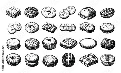 Engraving sweet pastries. Chocolate biscuits, shortbread oatmeal macarons and lemon biscotti, food flour baking tasty sweats, hand drawn vintage black ink sketch isolated vectors on white background