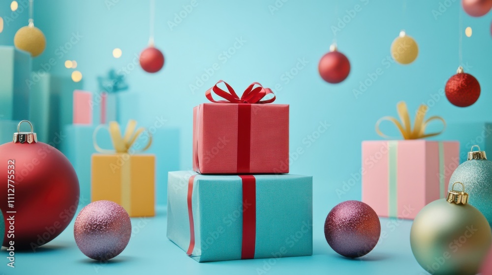 Cheerful ornaments and gifts on a vibrant blue backdrop Cheerful ornaments and gifts on a vibrant blue backdrop