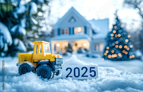 New year concept, construction toy car digging the text 2025 out of the snow photo