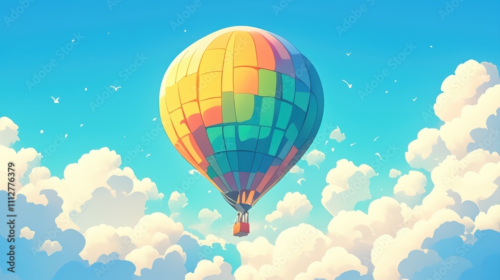 Fototapeta premium A colorful hot air balloon soaring through a bright, cloud-filled sky.
