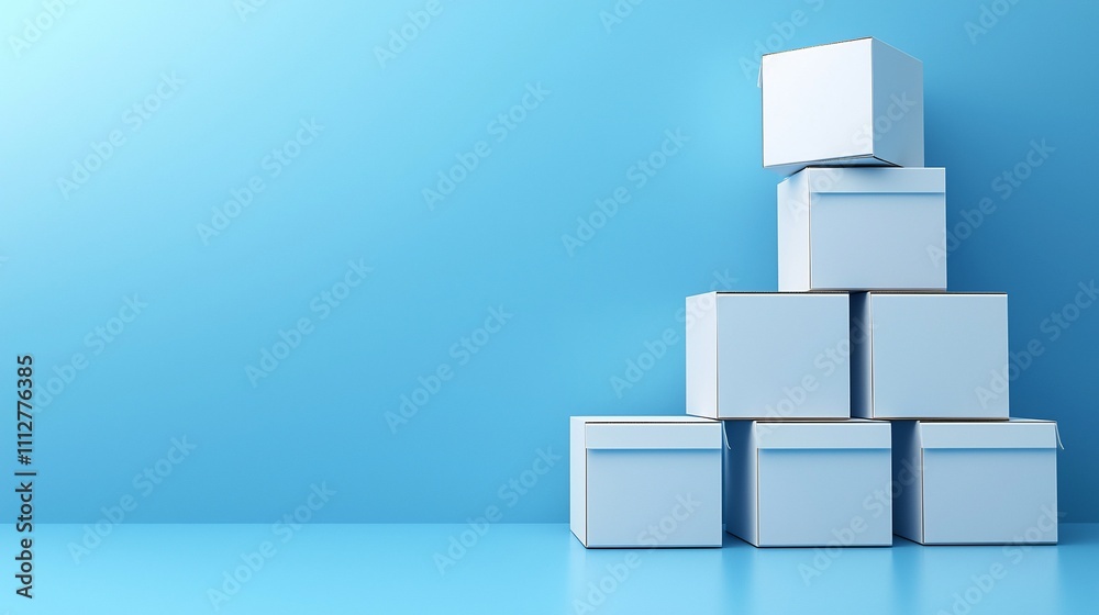 Stack of blank white cardboard boxes on a light blue background. Stack of blank white cardboard boxes on a light blue background.