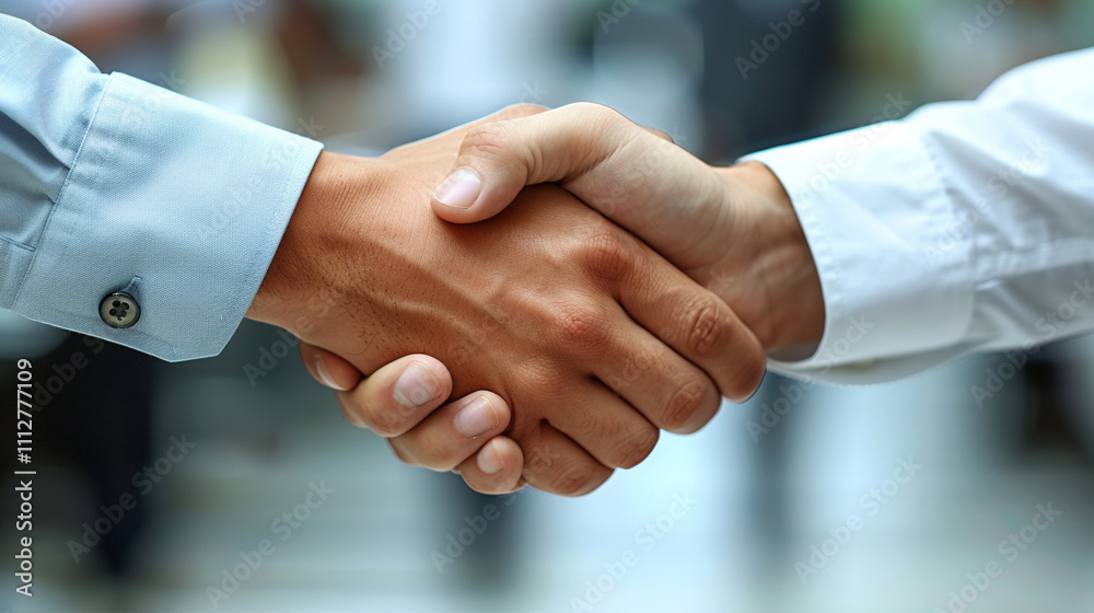 Business handshake, against a bright office background Business handshake, against a bright office background