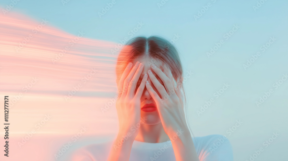 Young woman covering her eyes with hands expressing anxiety and stress Young woman covering her eyes with hands expressing anxiety and stress