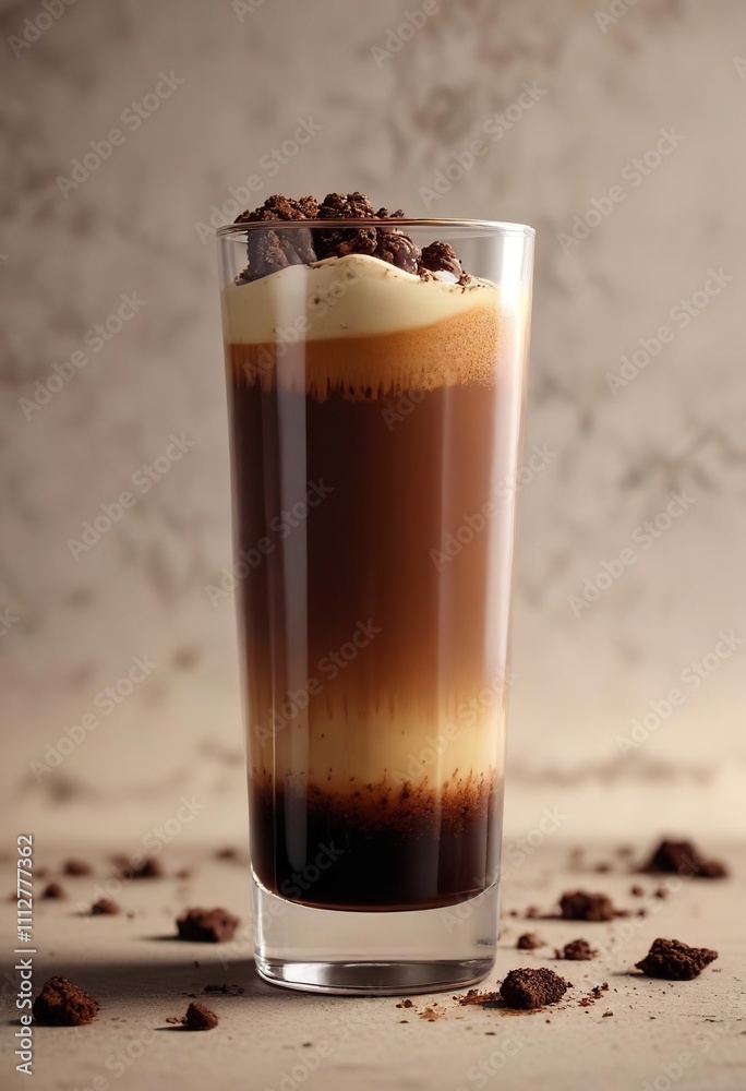 Espresso and coffee liqueur layered in a tall glass with chocolate crumbs on the rim , espresso, layers Espresso and coffee liqueur layered in a tall glass with chocolate crumbs on the rim , espresso, layers