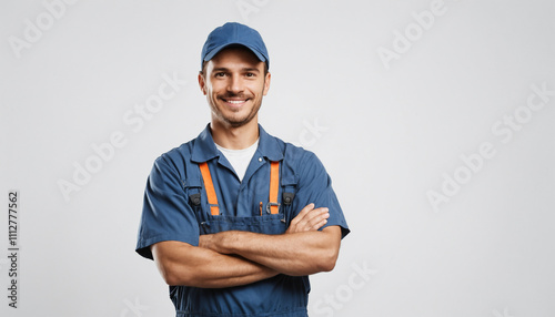 portrait of a smiling mechanic man standing and folded hands isolated on white background