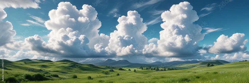 Fluffy white clouds scattered against a brilliant blue and green landscape, scattered, light Fluffy white clouds scattered against a brilliant blue and green landscape, scattered, light