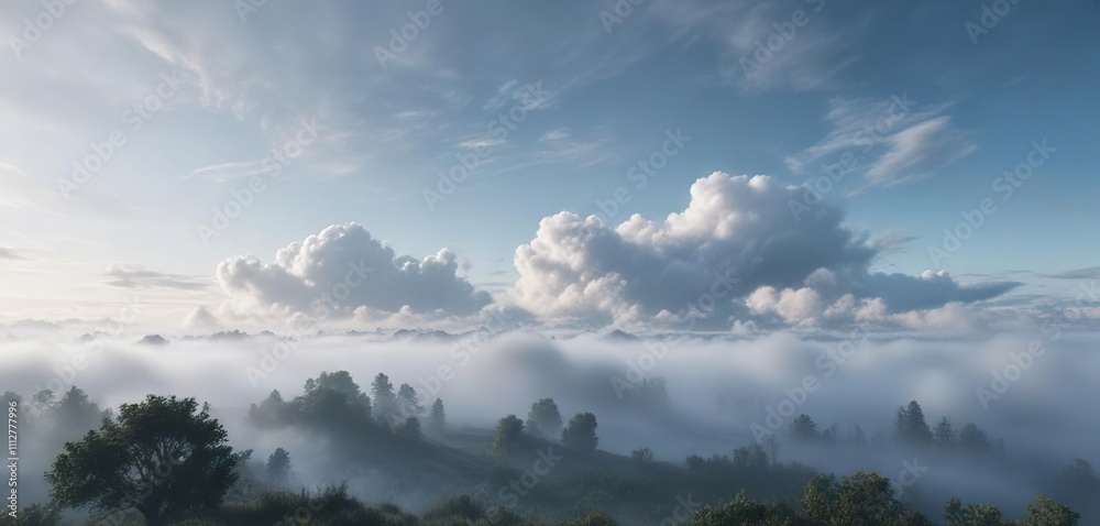 Foggy morning scene with misty white clouds and a greyish blue sky, outdoor scene, landscape photo Foggy morning scene with misty white clouds and a greyish blue sky, outdoor scene, landscape photo