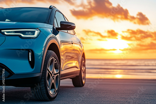 Blue compact SUV car with sport and modern design parked on concrete road by sea beach at sunset. New shiny SUV car drive for travel on summer vacations with road trip. Front view of electric car.