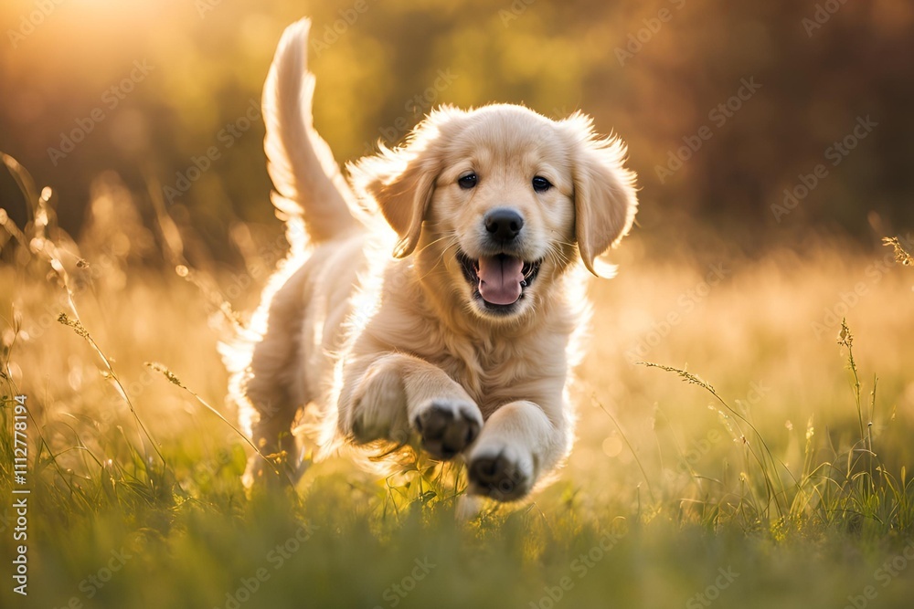 High-resolution image of an energetic golden retriever puppy running happily through a lush green field, bathed in warm sunlight, with a bright and cheerful atmosphere.