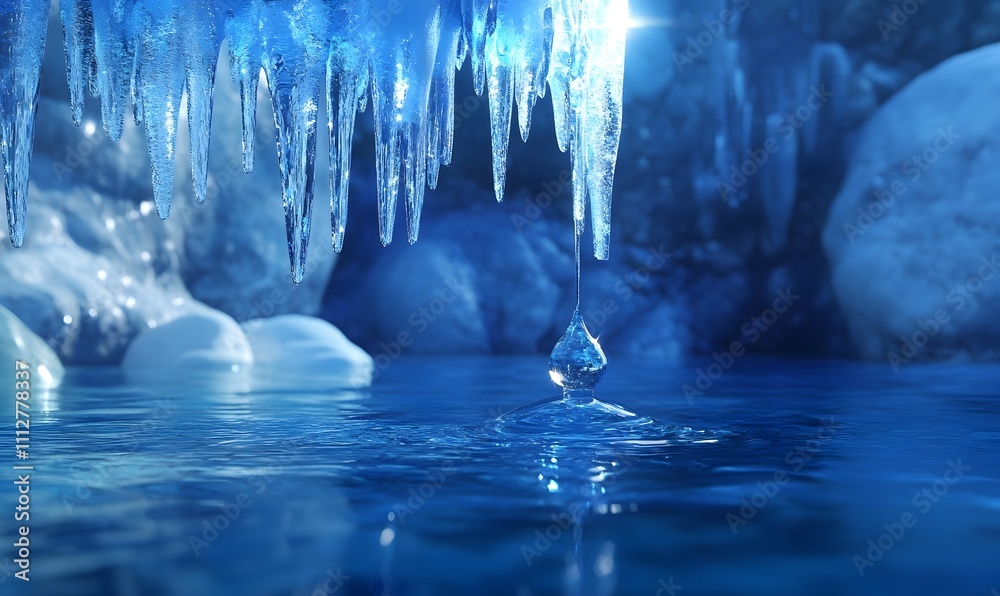 Icicle melting, water drop falling into a blue icy lake. Icicle melting, water drop falling into a blue icy lake.