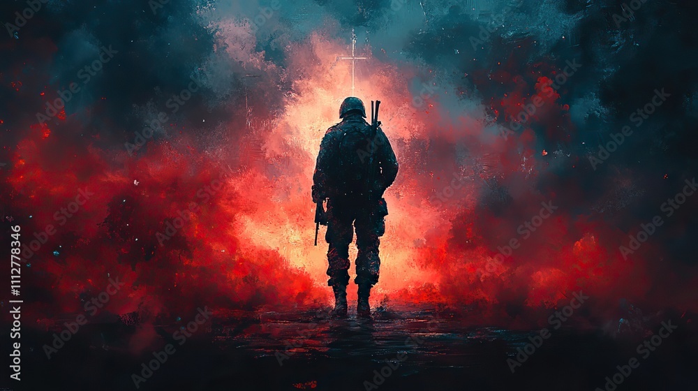 Obraz premium christian soldier praying with cross in the background christian concept digital painting