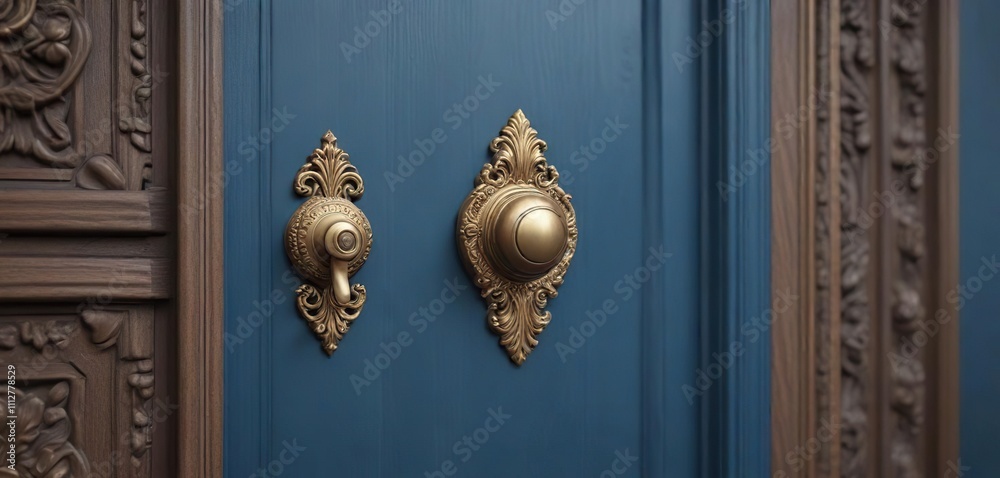 Golden doorknob on a blue door with ornate wooden details, antique finish, decorative hardware Golden doorknob on a blue door with ornate wooden details, antique finish, decorative hardware