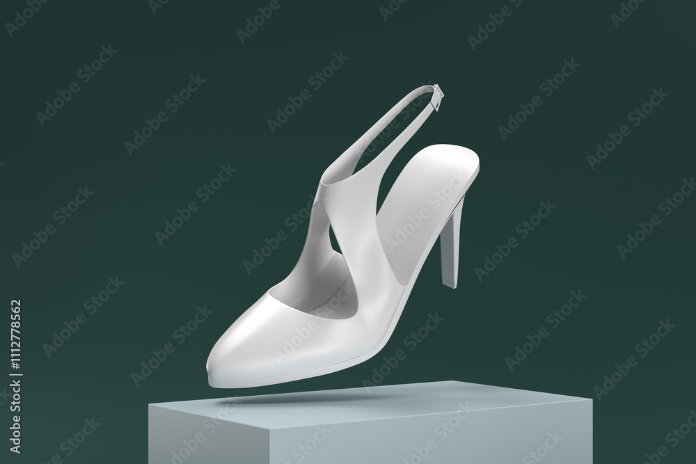 A white shoe with a strap on the back is shown in a 3D rendering A white shoe with a strap on the back is shown in a 3D rendering