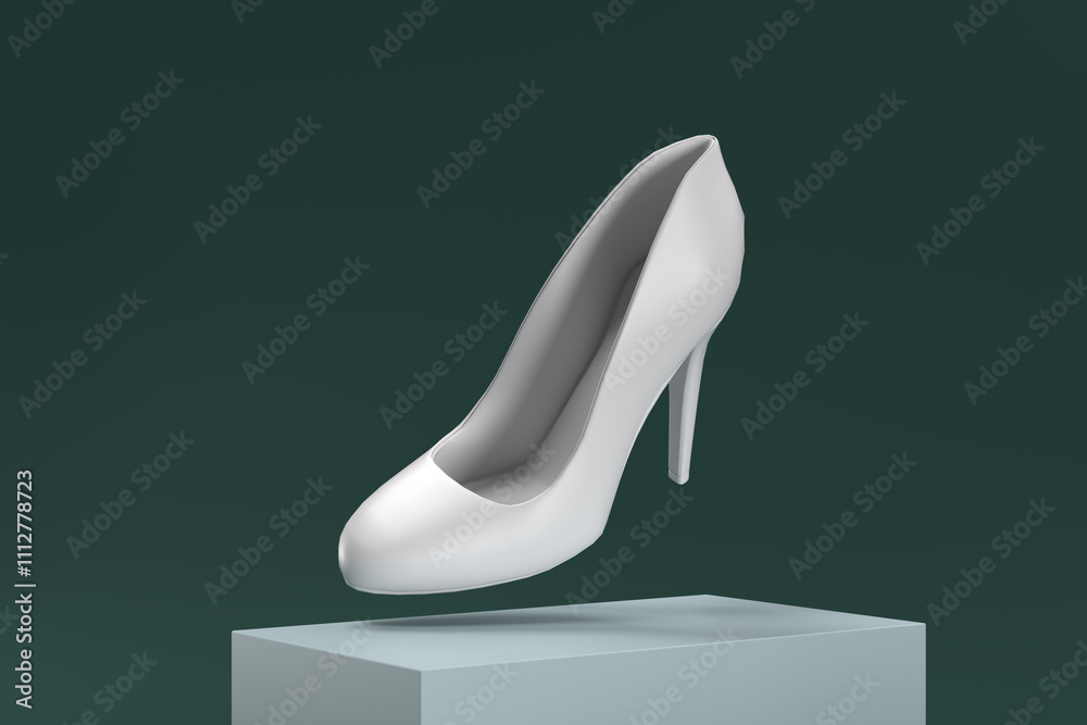 A white shoe is shown in a 3D image, with its heel raised and its toes pointed