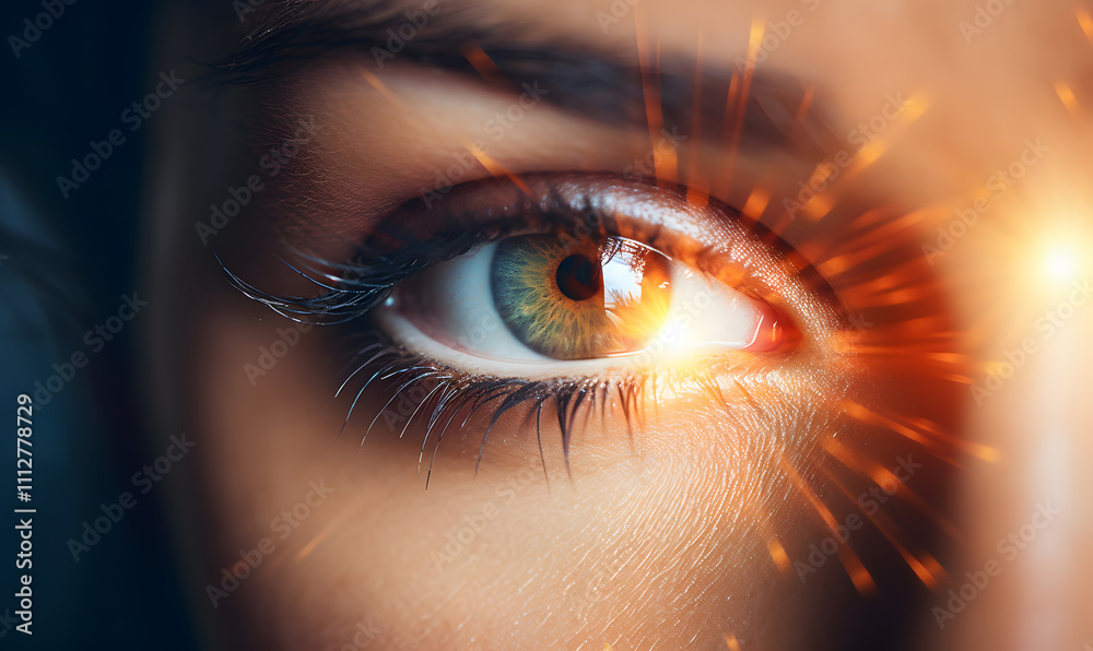 Human eye under a high-tech scanner, showcasing biometric identification. Retinal imprint using a scanning device. Human eye under a high-tech scanner, showcasing biometric identification. Retinal imprint using a scanning device.
