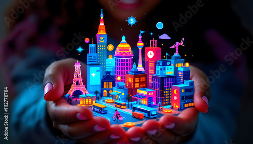 Digital Finance, Futuristic Cityscape with Cryptocurrency Icons