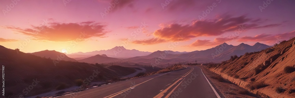 Fototapeta premium Long mountain road with a single figure in the distance against the backdrop of a vibrant orange and pink sunset, natural wonder, scenic view, mountain road, vast landscape, rocky terrain