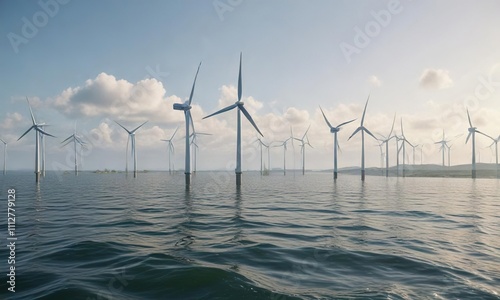 Large wind turbines in the water generating green energy, wind power industry, coastal development, electric power photo