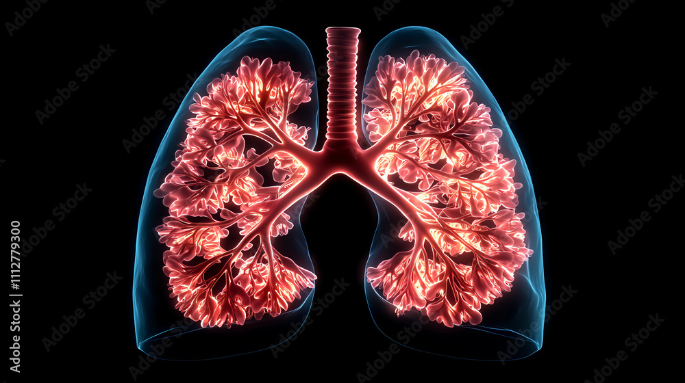 Fototapeta premium A vivid illustration of human lungs, showcasing intricate bronchi and alveoli structures, highlighted against a dark background.