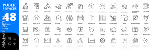 Public Services Editable Line Icons Set : editable tax housing library disability management police infrastructure public emergency repair social pharmacy school military service education transport 