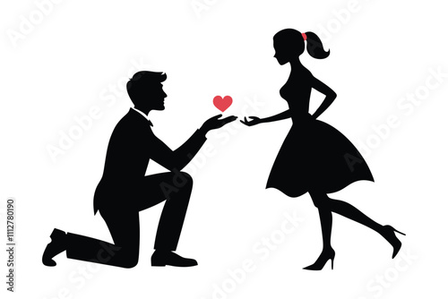 Romantic Valentine’s Day Proposal - Couple Silhouette with Heart and Engagement Ring Vector Design