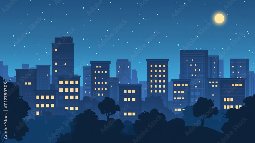 Fototapeta premium Night cityscape with a moon and stars, viewed from a park.