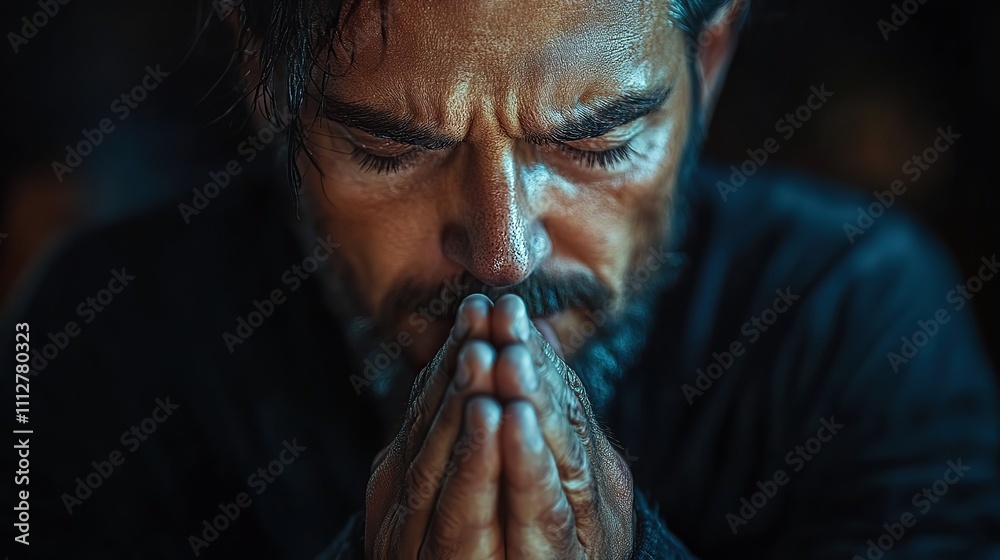 close up of man praying with hands clasped together against dark background close up of man praying with hands clasped together against dark background