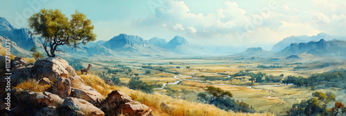 A peaceful African savanna scene with rocky landscapes, lush green valleys, depicted in gentle watercolor strokes with distant mountains