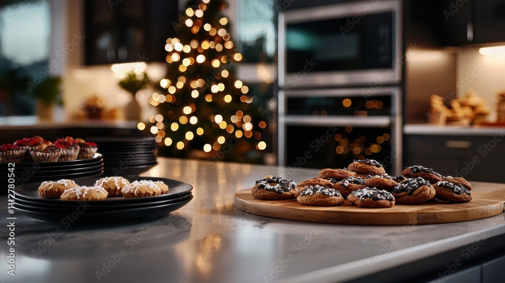 A Christmas tree is in the background of a kitchen with a table full of food A Christmas tree is in the background of a kitchen with a table full of food