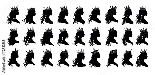 Queen avatars black silhouette. Woman profile head with crown, female royal majesty princess, isolated vectors on white background