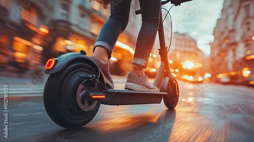 close up of woman riding black electric kick scooter at cityscape motion blu