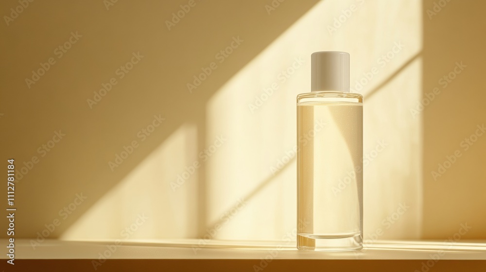 Minimalist perfume bottle bathed in warm sunlight on a neutral background, AI Minimalist perfume bottle bathed in warm sunlight on a neutral background, AI