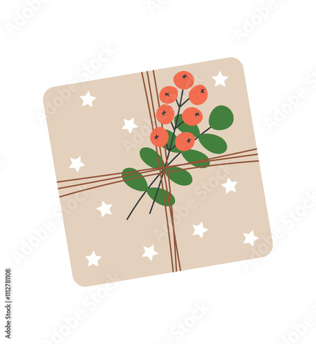 Christmas holiday present in modern eco-friendly packaging. Gift in kraft paper bag with green branch and berries. DIY tied with bow or rope. Flat vector illustration on white isolated background.