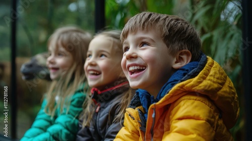 Three children are sitting together, smiling and laughing