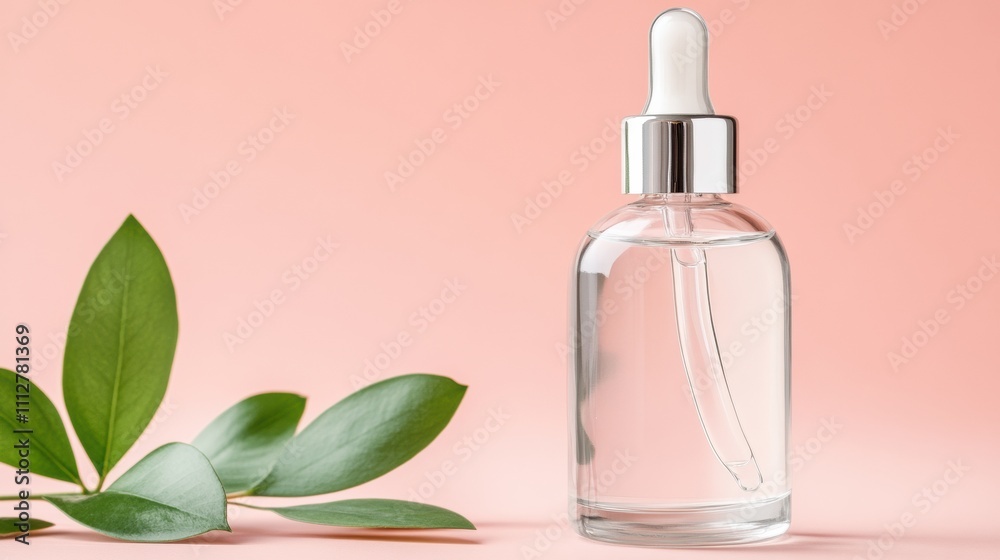 Elegant glass dropper bottle with clear liquid on a soft peach background, AI Elegant glass dropper bottle with clear liquid on a soft peach background, AI