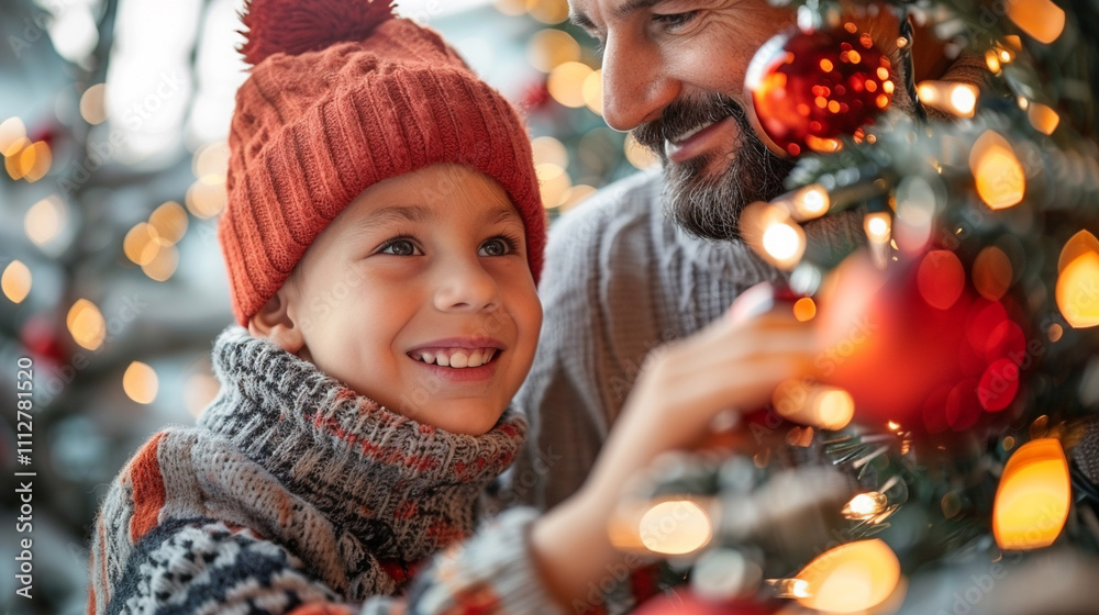 A family decorates a Christmas tree with toys before the New Year
