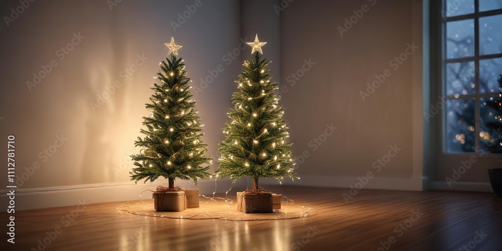 Fototapeta premium Twinkling string lights wrapped around a small Christmas tree, twinkling, festive,