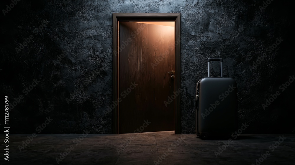 A suitcase stands beside an open door in a dimly lit, mysterious setting. A suitcase stands beside an open door in a dimly lit, mysterious setting.