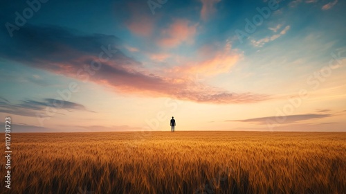 Solitary Figure in a Golden Field at Sunset