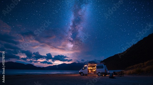 Starry Night Over Camper Van by the Beach