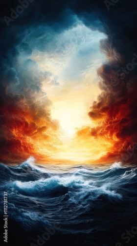 Dramatic seascape with fiery sky and turbulent waves at sunset, AI