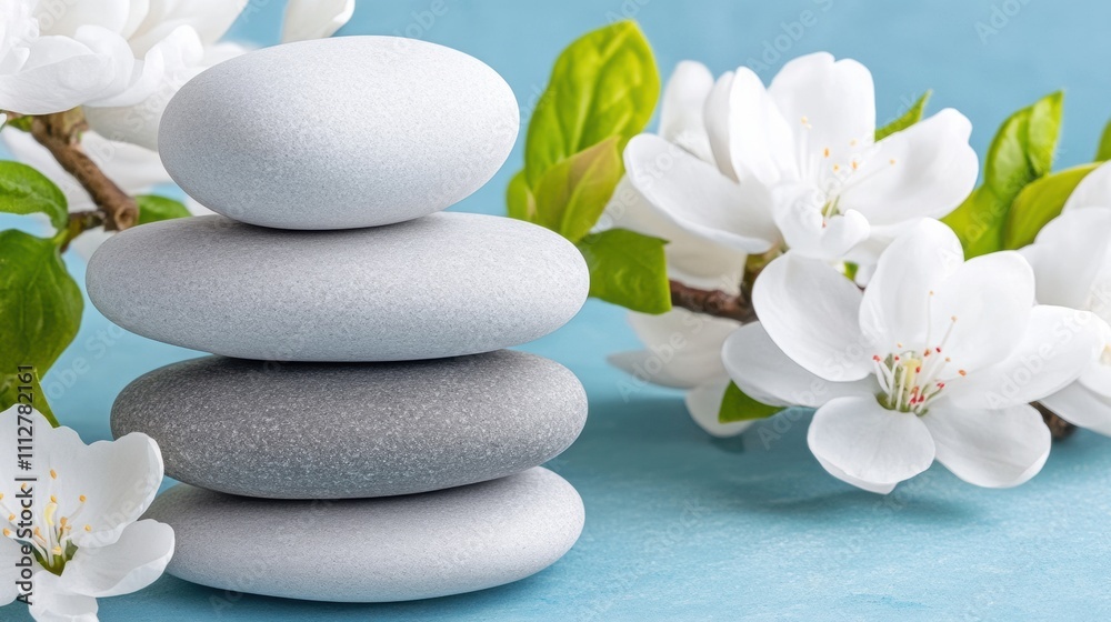 Smooth stones stacked beside blooming white flowers create a serene, calming scene, AI Smooth stones stacked beside blooming white flowers create a serene, calming scene, AI