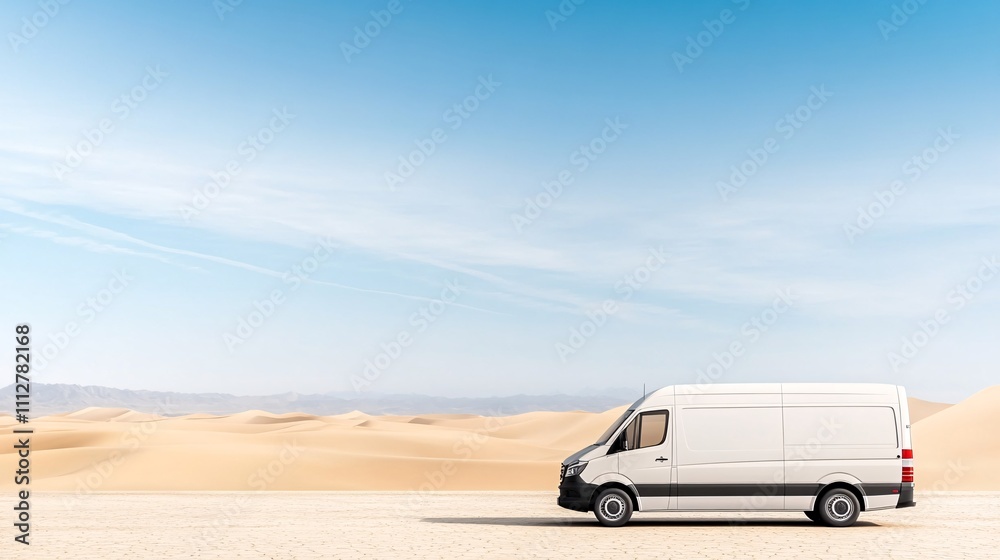 White delivery van in a desert landscape White delivery van in a desert landscape