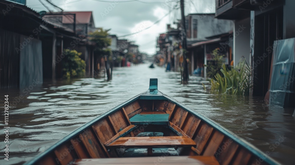 Boat Navigating Through Flooded Streets in a Residential Area, Capturing the Impact of Rising Water Levels on Communities and Everyday Life