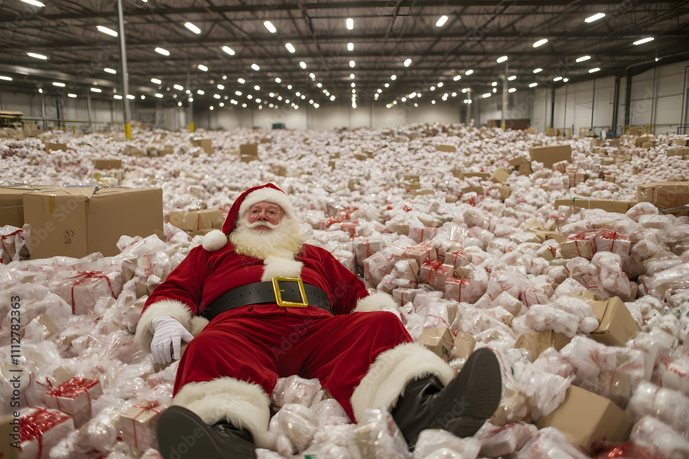 Santa in a Huge Gift Warehouse - Festive Scene of Santa Surrounded by Piles of Wrapped Gifts and Holiday Cheer Santa in a Huge Gift Warehouse - Festive Scene of Santa Surrounded by Piles of Wrapped Gifts and Holiday Cheer