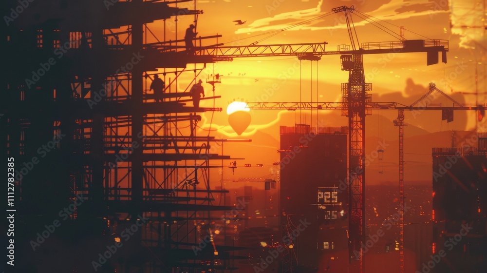 Naklejka premium Cityscape with construction workers building 2025 structure at sunset